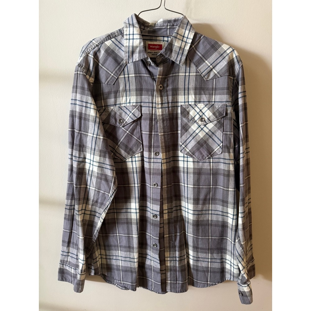 Wrangler Mens Grey Plaid Western Flannel Long Sleeve Snap Pocket Shirt Size M